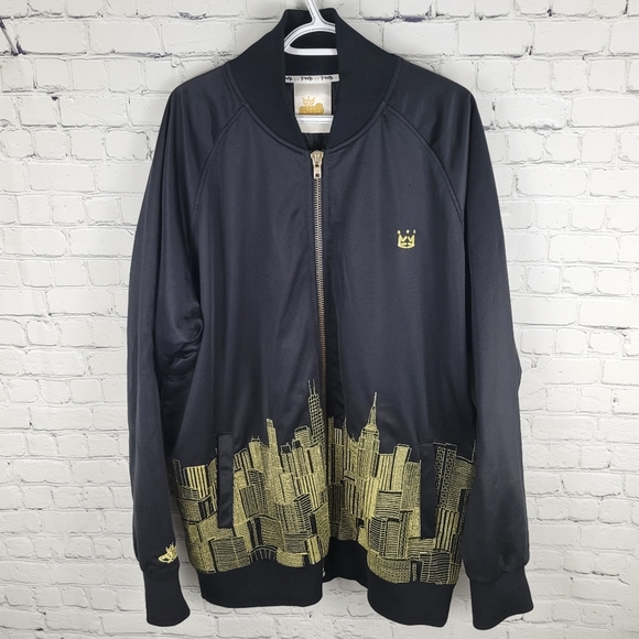 PNB NATION | satin gold thread embroidered NYC skyline zip bomber jacket - Picture 2 of 9